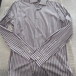 Men's Slim Fit Button-Down Shirt in White and Purple Stripe